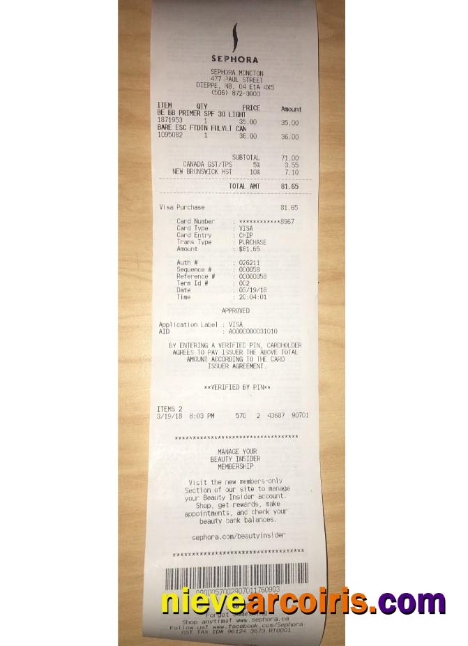 Sephora payment receipt